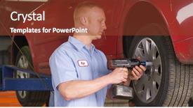  Presentation with mechanic shop - Cool new PPT theme with power tools service - auto shop mechanic working backdrop and a tawny brown colored foreground