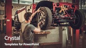  Presentation with restoration - Beautiful PPT theme featuring mechanic working on classic car backdrop and a tawny brown colored foreground