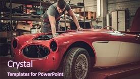  Presentation with restoration - Beautiful PPT layouts featuring mechanic working on classic car backdrop and a tawny brown colored foreground