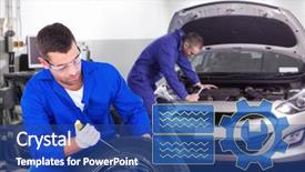  Presentation with engine - Amazing presentation having mechanic working on tire over white background against mechanic leaning on a car looking at the engine backdrop and a ocean colored foreground