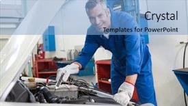  Presentation with mechanic repair - PPT theme having mechanic working under the hood at the repair garage background and a light blue colored foreground