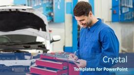  Presentation with mechanic repair - PPT theme enhanced with mechanic writing on a clipboard at the repair garage background and a ocean colored foreground