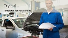  Presentation with mechanic repair - Amazing presentation theme having mechanic writing on a clipboard at the repair garage backdrop and a soft green colored foreground