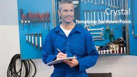  Presentation with mechanic repair - Slides consisting of mechanic writing on clipboard at the repair garage background and a teal colored foreground