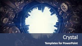  Presentation with mechanism - Colorful presentation design enhanced with mechanical - metal gear mechanism mixed media backdrop and a ocean colored foreground