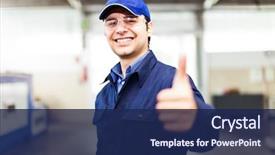  Presentation with factory - Cool new PPT layouts with mechanical - portrait of a smiling worker backdrop and a navy blue colored foreground