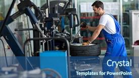  Presentation with wheel - Theme with mechanical - repairman balancing car wheel background and a ocean colored foreground