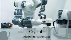  Presentation with robotic arm - PPT theme with mechanical - robotic arm preparing coffee background and a light gray colored foreground