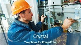  Presentation with elevator - PPT theme consisting of mechanical - technician worker adjusting elevator mechanism background and a ocean colored foreground
