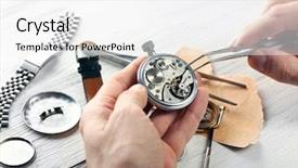  Presentation with mechanical watch - Amazing PPT layouts having mechanical - watchmaker hands repairing mechanism backdrop and a white colored foreground