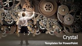  Presentation with mechanism - Amazing PPT theme having mechanical - young businessman fixing gears mechanism backdrop and a tawny brown colored foreground