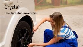  Presentation with female mechanic - PPT layouts with female mechanic changing tire with wheel wrench background and a coral colored foreground