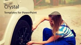  Presentation with female mechanic - Audience pleasing slides consisting of female mechanic changing tire with wheel wrench backdrop and a blonde colored foreground