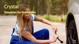  Presentation with female mechanic - PPT theme featuring female mechanic changing tire with wheel wrench background and a tawny brown colored foreground
