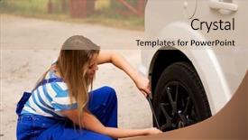  Presentation with female mechanic - Audience pleasing theme consisting of female mechanic changing tire with wheel wrench backdrop and a coral colored foreground