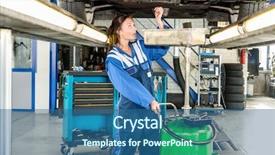  Presentation with female mechanic - Amazing theme having mechanical hydraulics - female mechanic repairing car backdrop and a ocean colored foreground