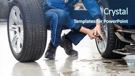 Presentation with garage car - Amazing slide set having low section of male mechanic crouching while changing car tire at garage backdrop and a ocean colored foreground