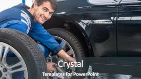  Presentation with mechanic shop - Slides having portrait of confident male mechanic changing car tire at automobile shop background and a tawny brown colored foreground