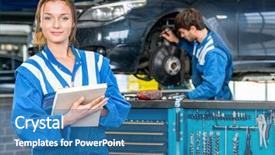  Presentation with female mechanic - PPT theme with mechanical cart - portrait of confident young female background and a teal colored foreground