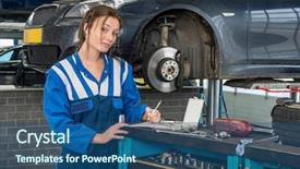  Presentation with female mechanic - Cool new slide deck with young female mechanic writing note backdrop and a ocean colored foreground