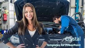  Presentation with garage car - Slide deck having portrait of smiling young businesswoman with mechanic repairing car in background at garage background and a ocean colored foreground