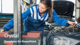  Presentation with female mechanic - Audience pleasing theme consisting of fine tuning - young female mechanic in overalls backdrop and a ocean colored foreground