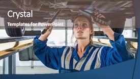  Presentation with female mechanic - Slide deck enhanced with mechanical hydraulics - young female mechanic using flashlight background and a  colored foreground