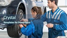  Presentation with mechanics - Slide set with young male and female mechanics changing tire from suspended car at garage background and a ocean colored foreground