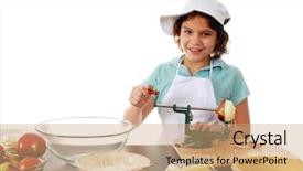  Presentation with cheerful stylish city girl using - PPT theme consisting of mechanical crank - preteen girl using an apple-peeler background and a coral colored foreground