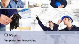  Presentation with industrial engineering - Amazing slide deck having mechanical engineering - collage of industrial workers backdrop and a light blue colored foreground