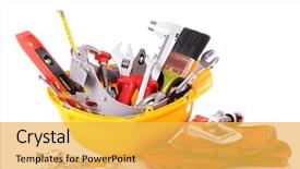  Presentation with construction tools - PPT layouts enhanced with mechanical engineering - construction tools in helmet isolated background and a yellow colored foreground