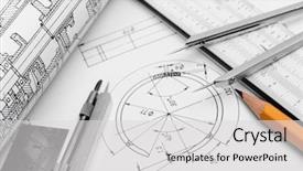  Presentation with engineering drawing tools - PPT theme featuring mechanical engineering - drawing detail and drawing tools background and a light gray colored foreground