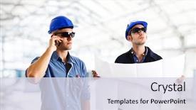  Presentation with buildings engineering construction engineers - Slide deck featuring mechanical engineering - engineers at work background and a sky blue colored foreground