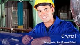  Presentation with happy anniversay work - PPT theme having mechanical engineering - happy male industrial mechanic background and a navy blue colored foreground