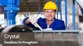  Presentation with worker - Presentation theme having mechanical engineering - happy modern blue collar worker background and a dark gray colored foreground