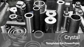  Presentation with workshop tools - Beautiful slide set featuring mechanical engineering - industrial steel cylinders pistons backdrop and a dark gray colored foreground