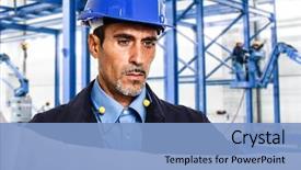  Presentation with mechanical engineering - Theme having mechanical engineering - portrait of an engineer reading background and a light blue colored foreground