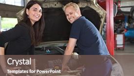 Presentation with female mechanic - Audience pleasing slides consisting of mechanical engineering - portrait of happy female customer backdrop and a tawny brown colored foreground