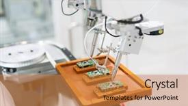  Presentation with soldering - Presentation theme consisting of mechanical heat automation - soldering robot used in soldering background and a gold colored foreground