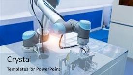  Presentation with robot arm - Slide set consisting of mechanical load - robot arm working in phone background and a light blue colored foreground