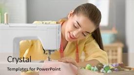  Presentation with tape recorder workshop - Audience pleasing presentation design consisting of mechanical measurment - beautiful young needlewoman in workshop backdrop and a coral colored foreground