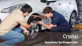  Presentation with mechanic - Colorful theme enhanced with mechanical measurment - customer and mechanic discussing backdrop and a tawny brown colored foreground