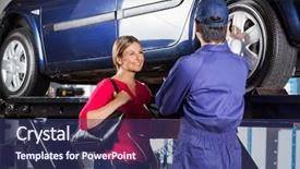  Presentation with female mechanic - Amazing PPT layouts having mechanical measurment - happy female customer looking backdrop and a ocean colored foreground