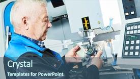  Presentation with cnc milling machine - Presentation theme featuring mechanical measurment - industrial worker measuring detail near background and a ocean colored foreground