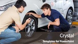  Presentation with mechanic shop - Slides enhanced with mechanical measurment - male customer discussing with mechanic background and a dark gray colored foreground