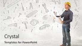  Presentation with worker - Amazing slide deck having mechanical project - construction worker planing with hand backdrop and a white colored foreground