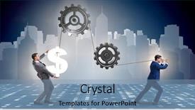  Presentation with phrase keep raising the bar - Theme consisting of mechanical pulleys - businessman pulling mechanism and raising background and a teal colored foreground