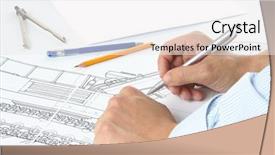  Presentation with hand holding pencil - Amazing PPT theme having mechanical pulleys - compasses picture pencil and hand backdrop and a  colored foreground