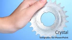  Presentation with blue metallic - Theme consisting of mechanical pulleys - man holding metallic cogwheel background and a  colored foreground