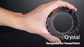  Presentation with metallic - PPT theme having mechanical pulleys - man holding metallic cogwheel background and a  colored foreground
